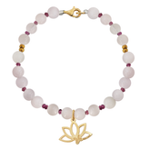 Pulsera Básica Cuarzo Rosa Y Granate Charm Loto Baño De Oro