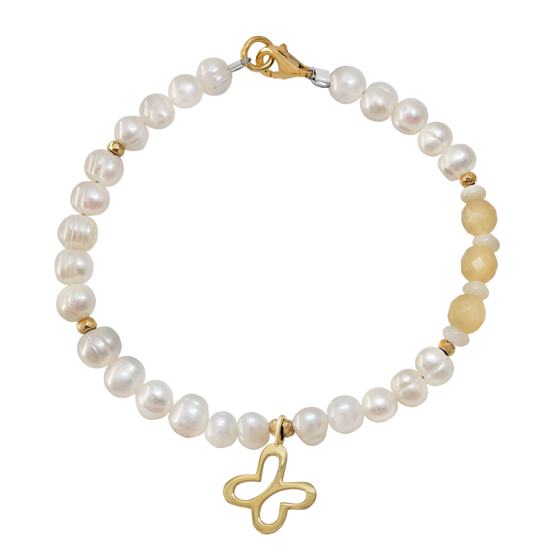 Pulsera Plata 925 De Perlas Con Mariposa Dorada - Tanya Moss
