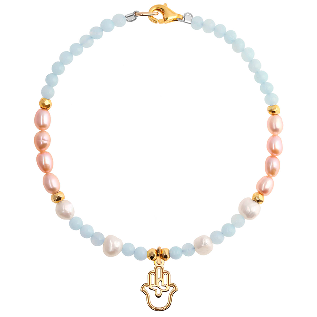 Pulsera Charm Mano Dorada Perlas Rosas Con Amazonita - Tanya Moss