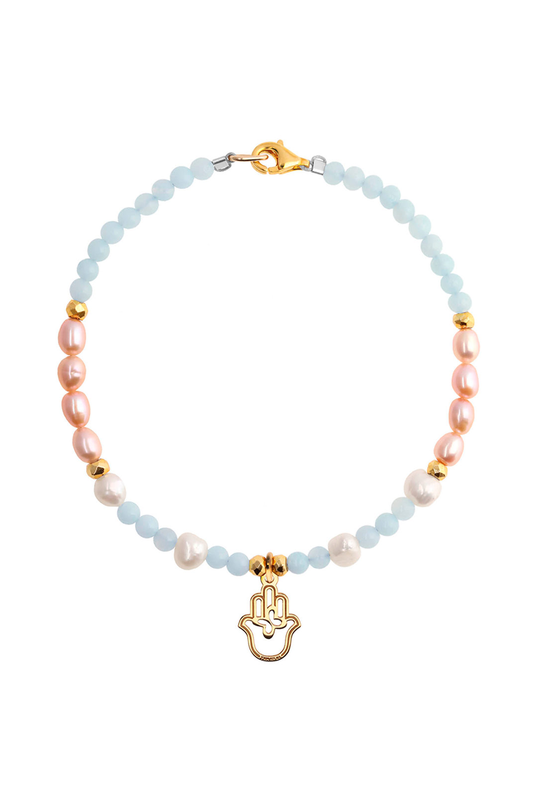 Pulsera Charm Mano Dorada Perlas Rosas Con Amazonita - Tanya Moss