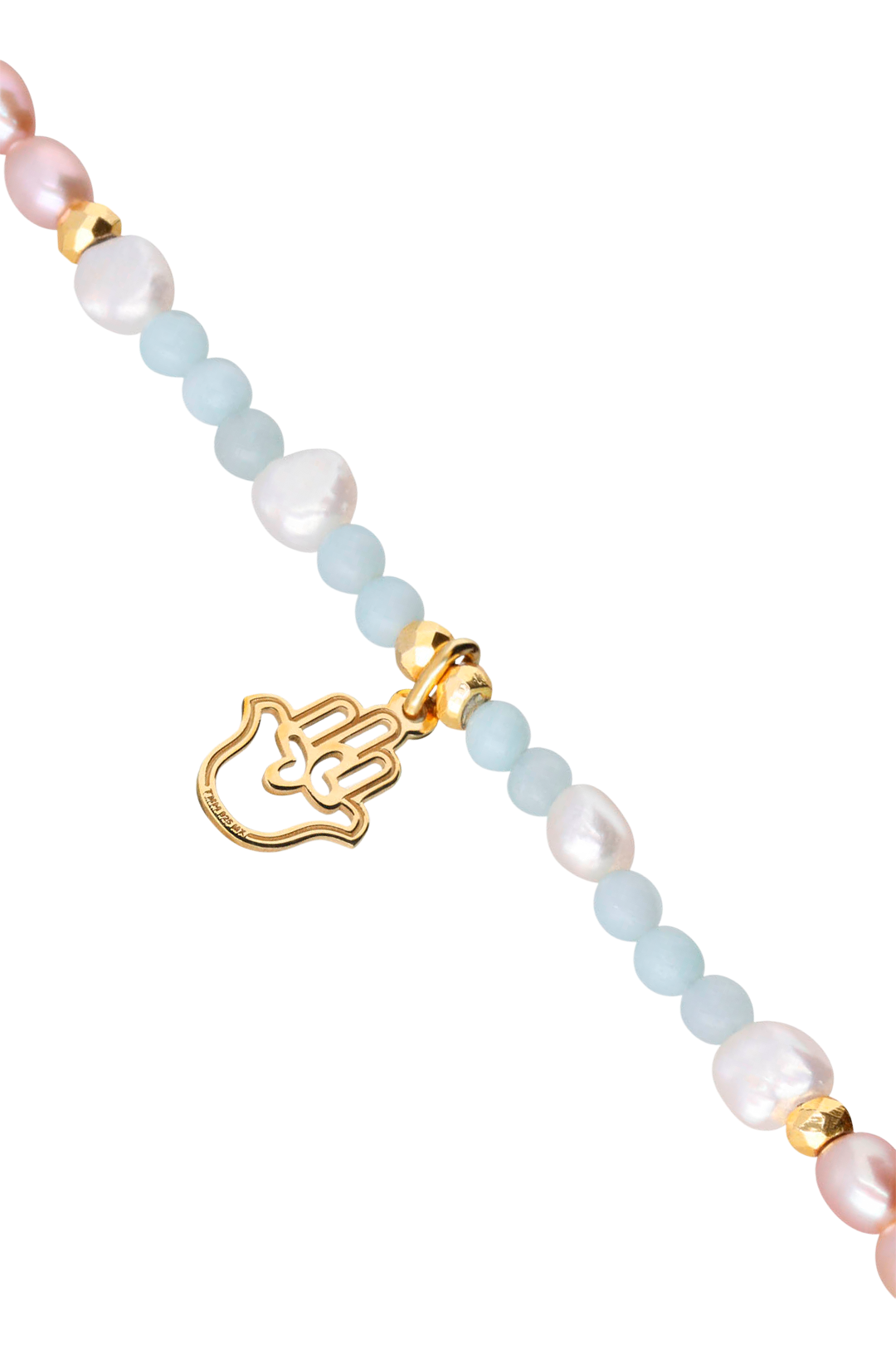 Pulsera Charm Mano Dorada Perlas Rosas Con Amazonita - Tanya Moss