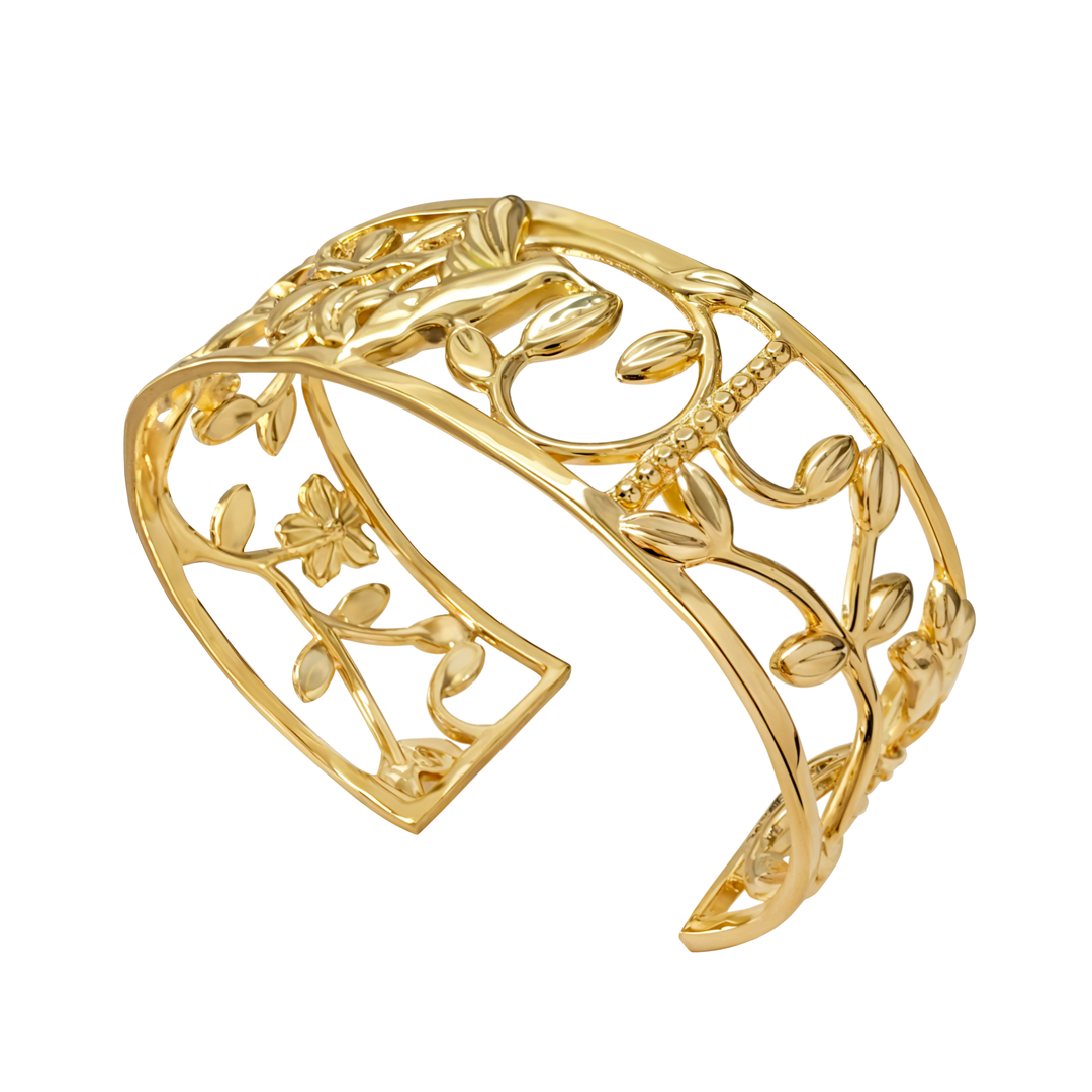 Brazalete Plata 925 Mensaje de Amor Hojas Colibri Dorado - Tanya Moss