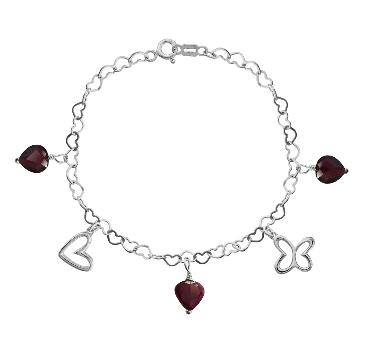 Pulsera Mujer Plata 925 Amoret Mariposa Corazón Granate