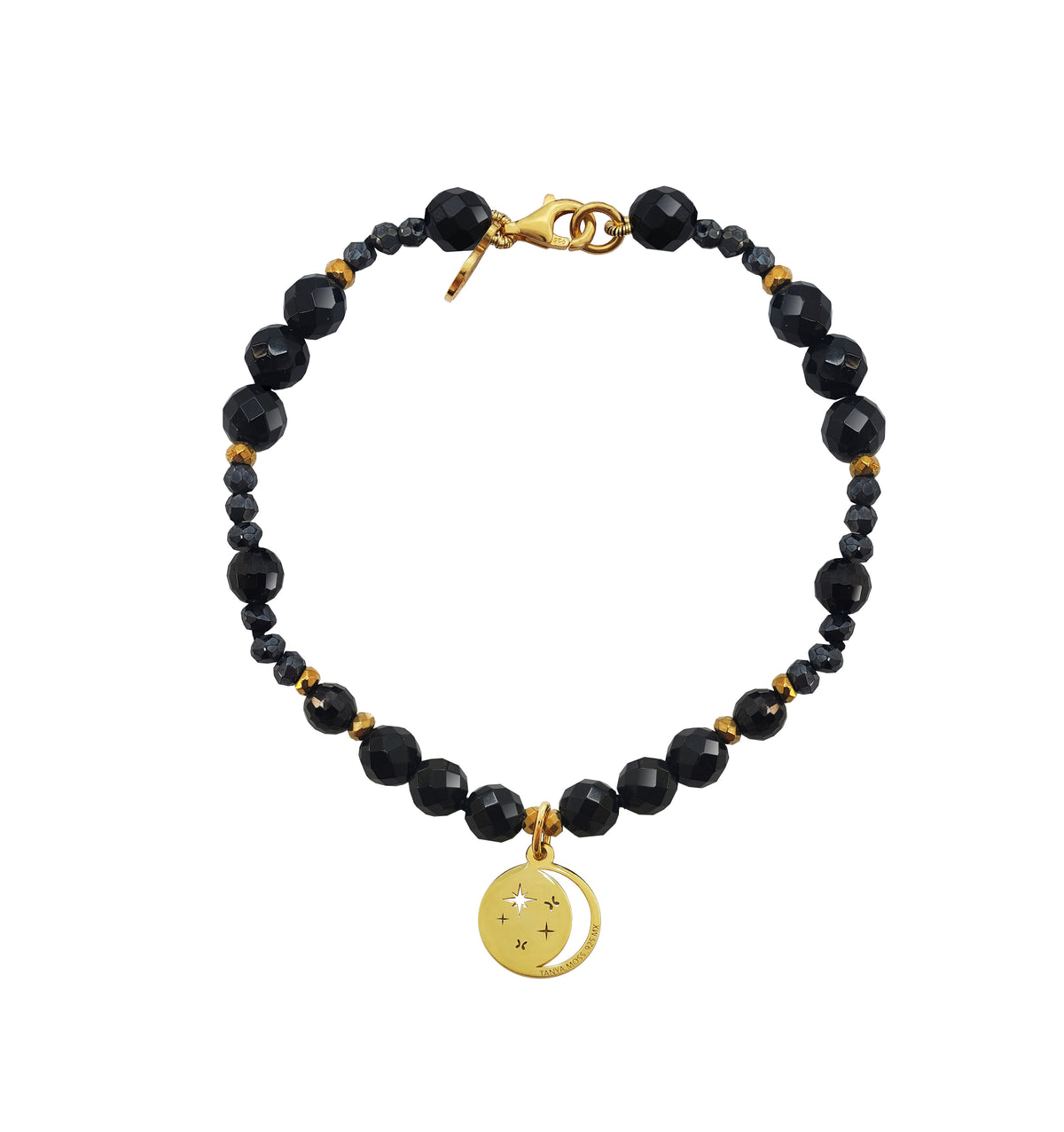 Pulsera Mujer Plata 925 Magia Luna Cosmos Agata Negra Dorado