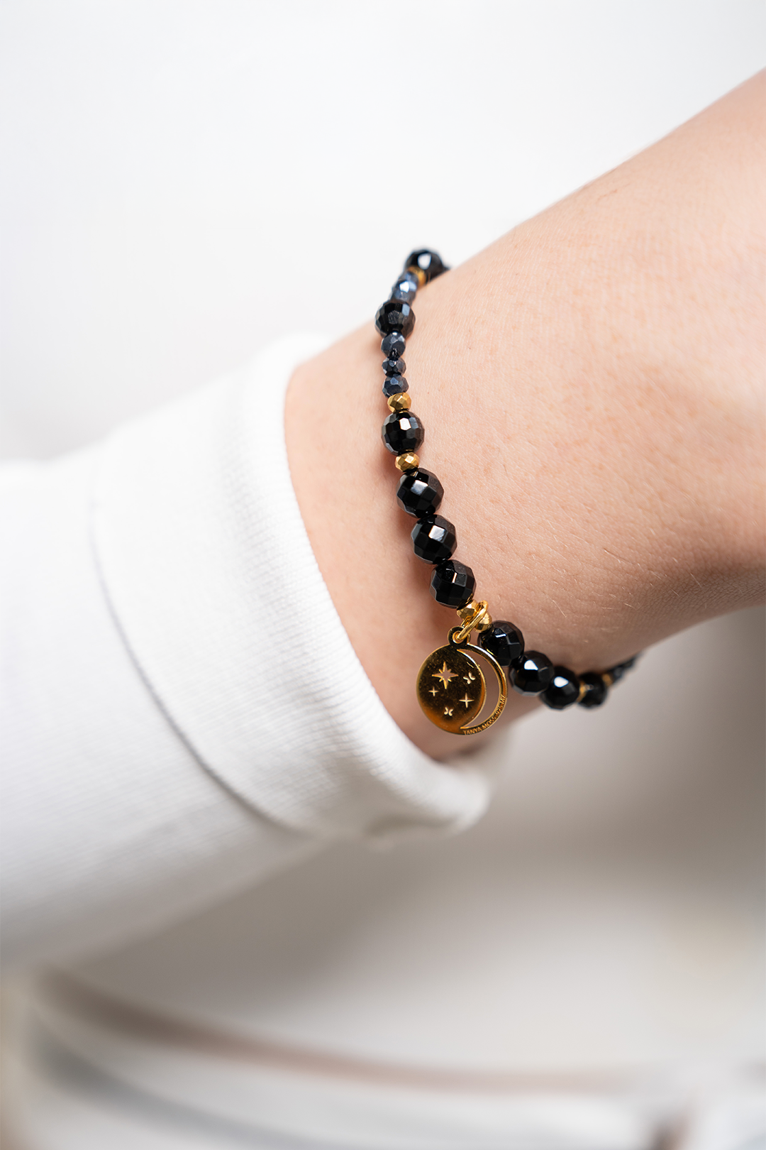 Pulsera Mujer Plata 925 Magia Luna Cosmos Agata Negra Baño de Oro