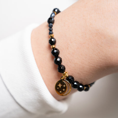 Pulsera Mujer Plata 925 Magia Luna Cosmos Agata Negra Dorado