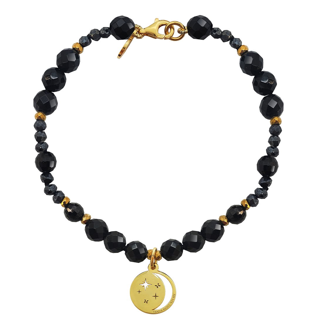 Pulsera Mujer Plata 925 Magia Luna Cosmos Agata Negra Baño de Oro