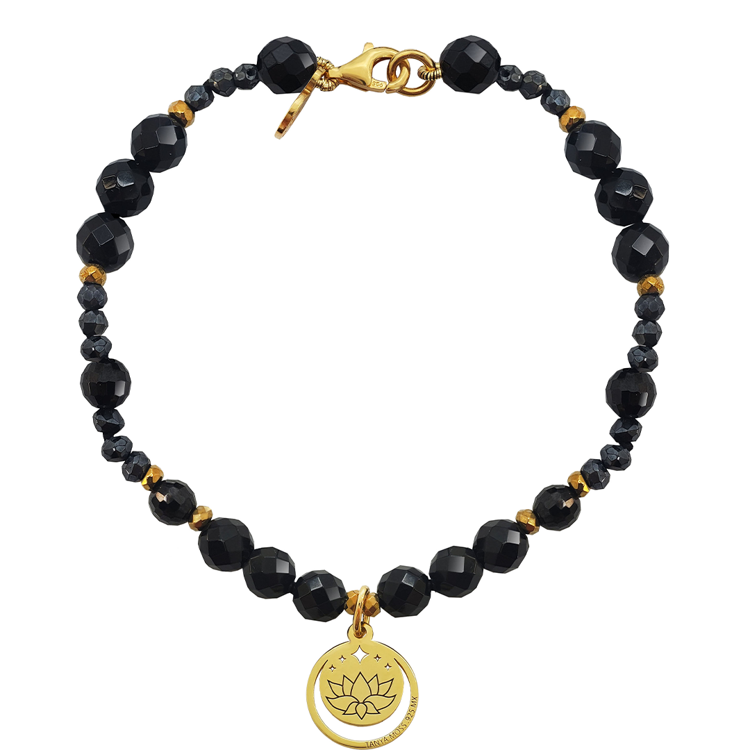 Pulsera Mujer Plata 925 Magia Luna Loto Agata Negra Dorado