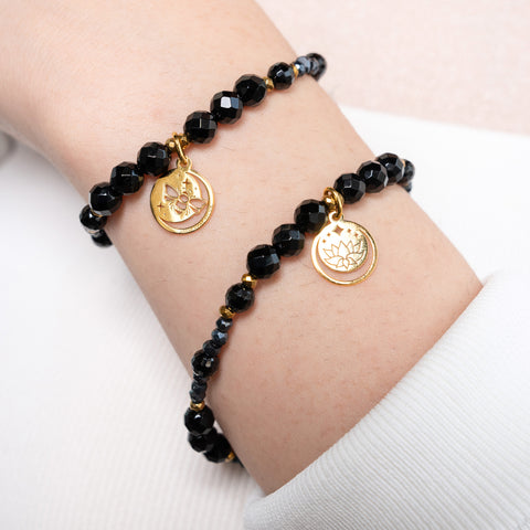 Pulsera Mujer Plata 925 Magia Luna Prosperidad Agata Negra Dorado