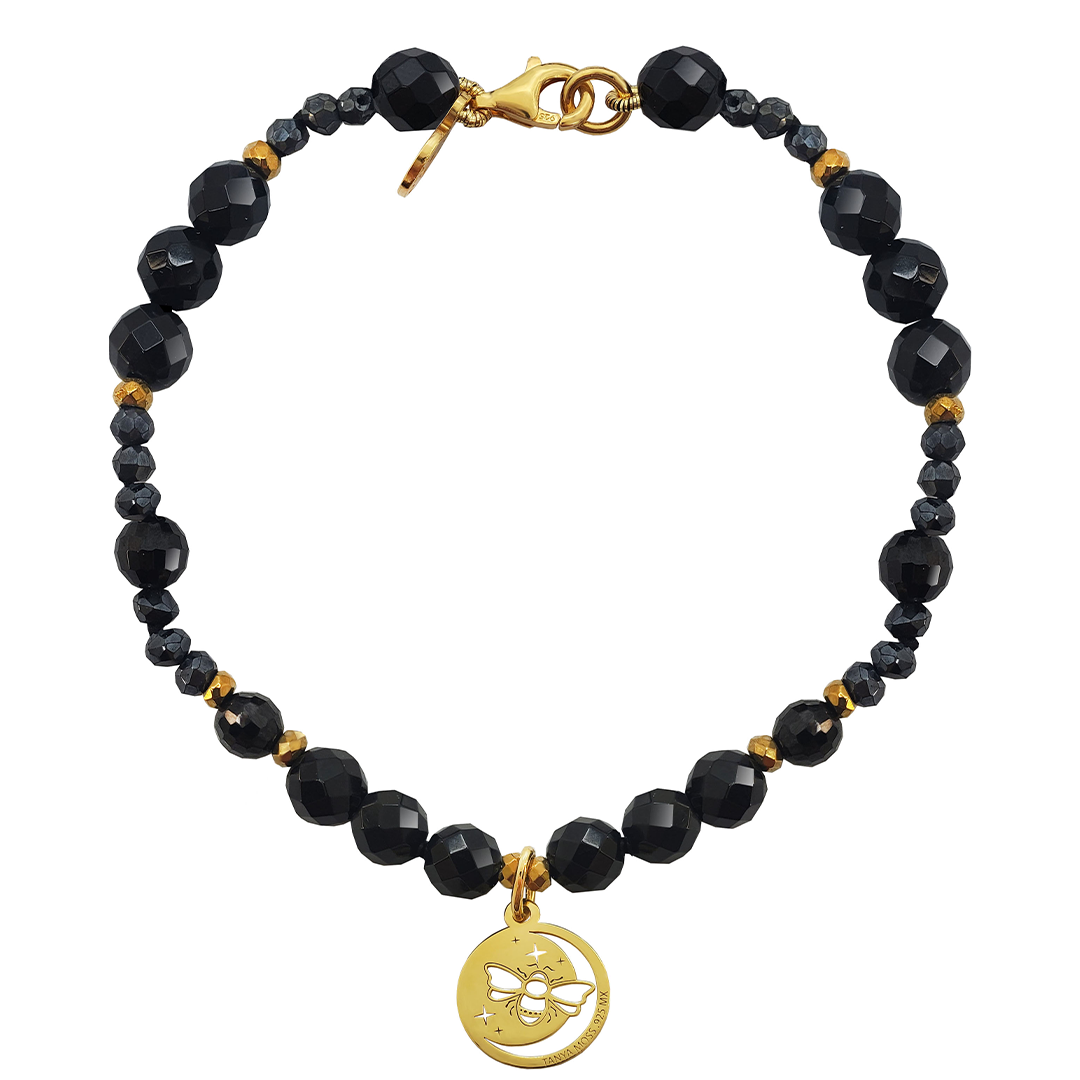 Pulsera Mujer Plata 925 Magia Luna Prosperidad Agata Negra Dorado - Tanya Moss