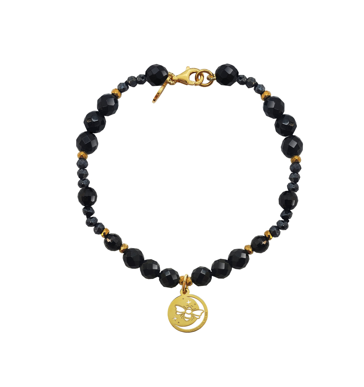 Pulsera Mujer Plata 925 Magia Luna Prosperidad Agata Negra Dorado