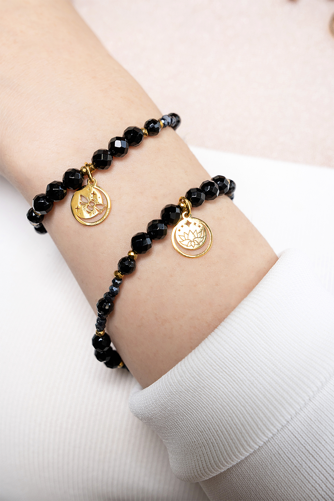 Pulsera Mujer Plata 925 Magia Luna Loto Agata Negra Dorado