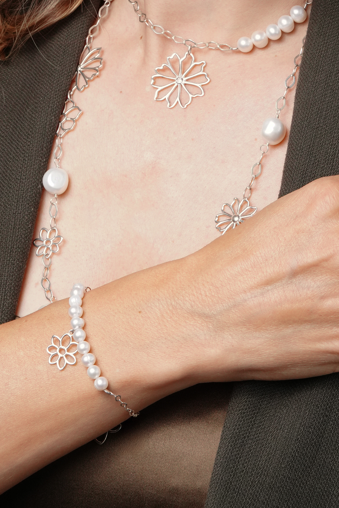 Pulsera Plata 925 Dalia Flor y Perlas - Tanya Moss