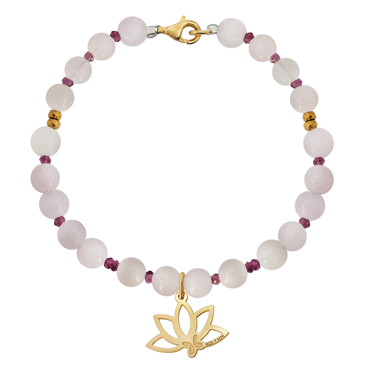 Pulsera Básica Cuarzo Rosa Y Granate Charm Loto Baño De Oro