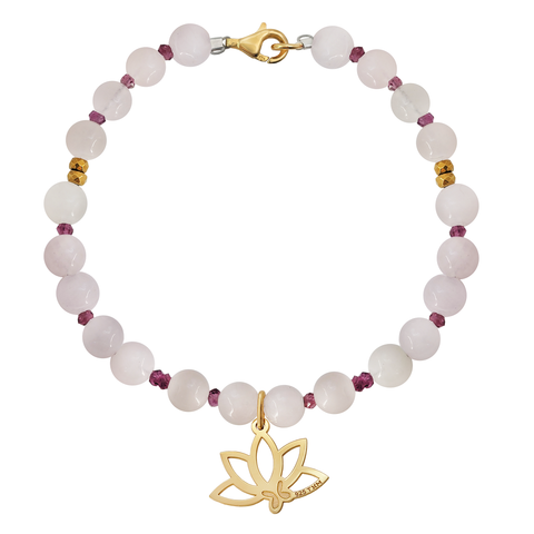 Pulsera Básica Cuarzo Rosa Y Granate Charm Loto Baño De Oro