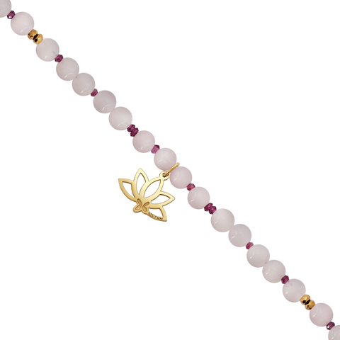 Pulsera Básica Cuarzo Rosa Y Granate Charm Loto Baño De Oro