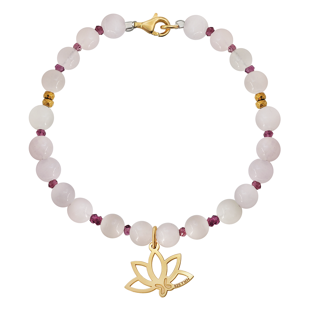 Pulsera Básica Cuarzo Rosa Y Granate Charm Loto Dorada - Tanya Moss