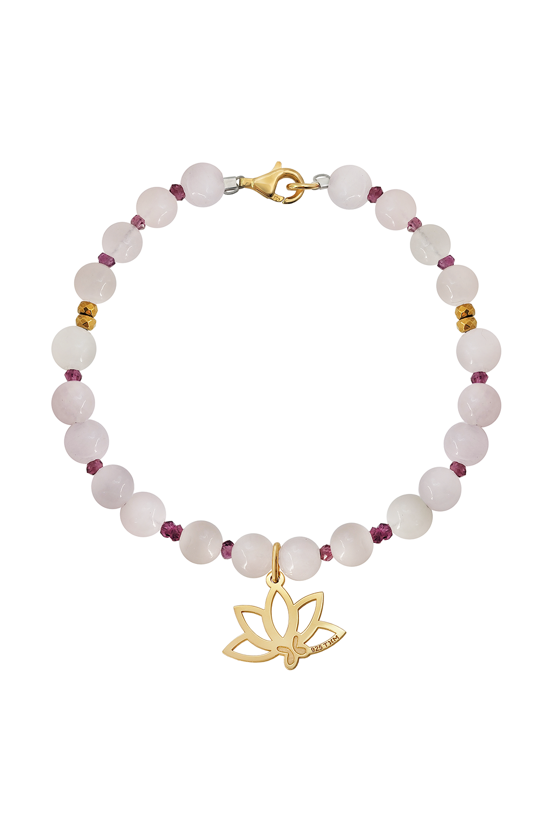 Pulsera Básica Cuarzo Rosa Y Granate Charm Loto Dorada - Tanya Moss