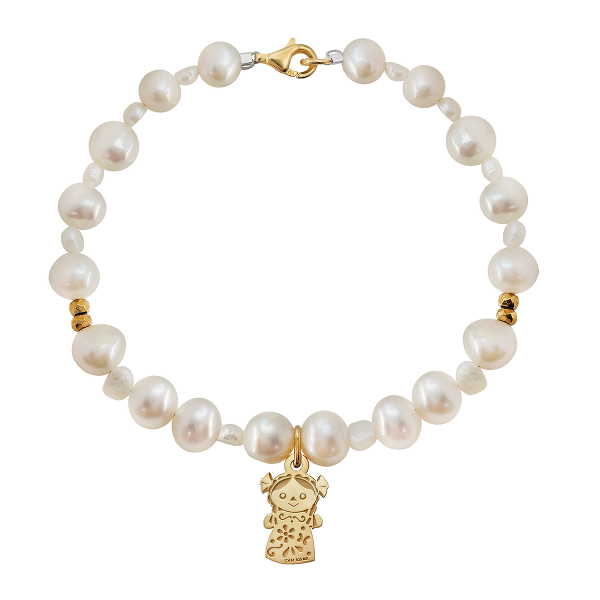 Pulsera Básica Perlas Blancas Charm Maria Baño De Oro