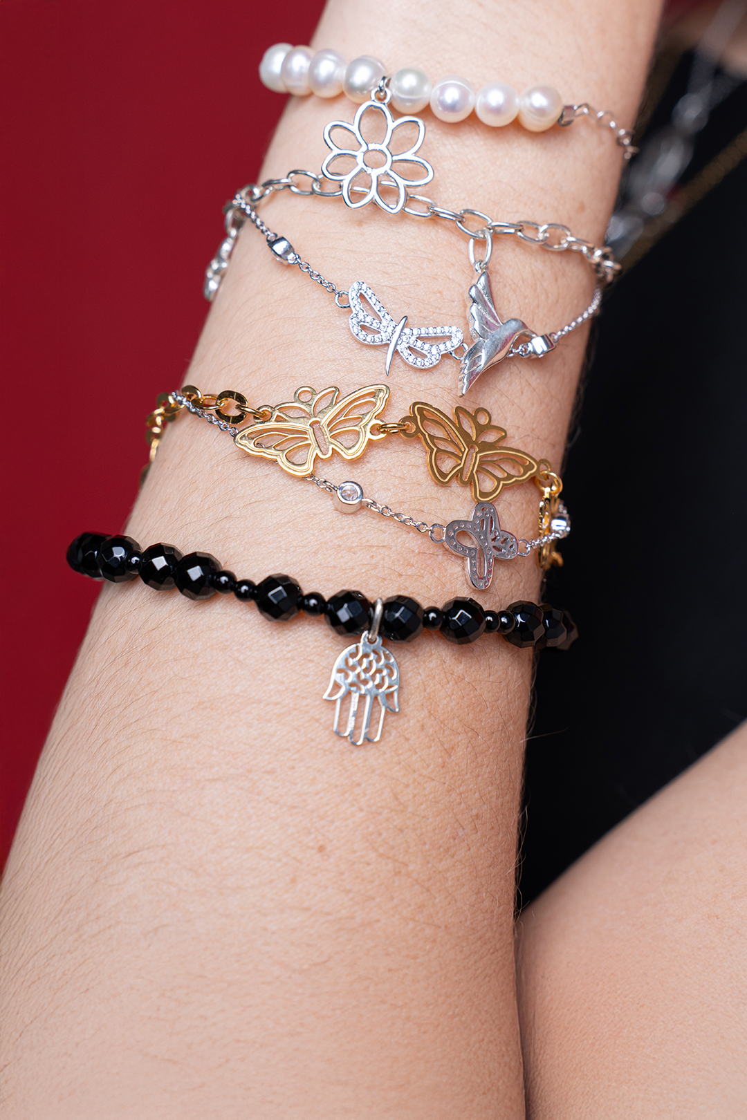 Pulsera Básica Agata Negra Charm Mano De Fátima - Tanya Moss