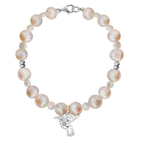 Pulsera Básica Perlas Rosas Charm Colibrí