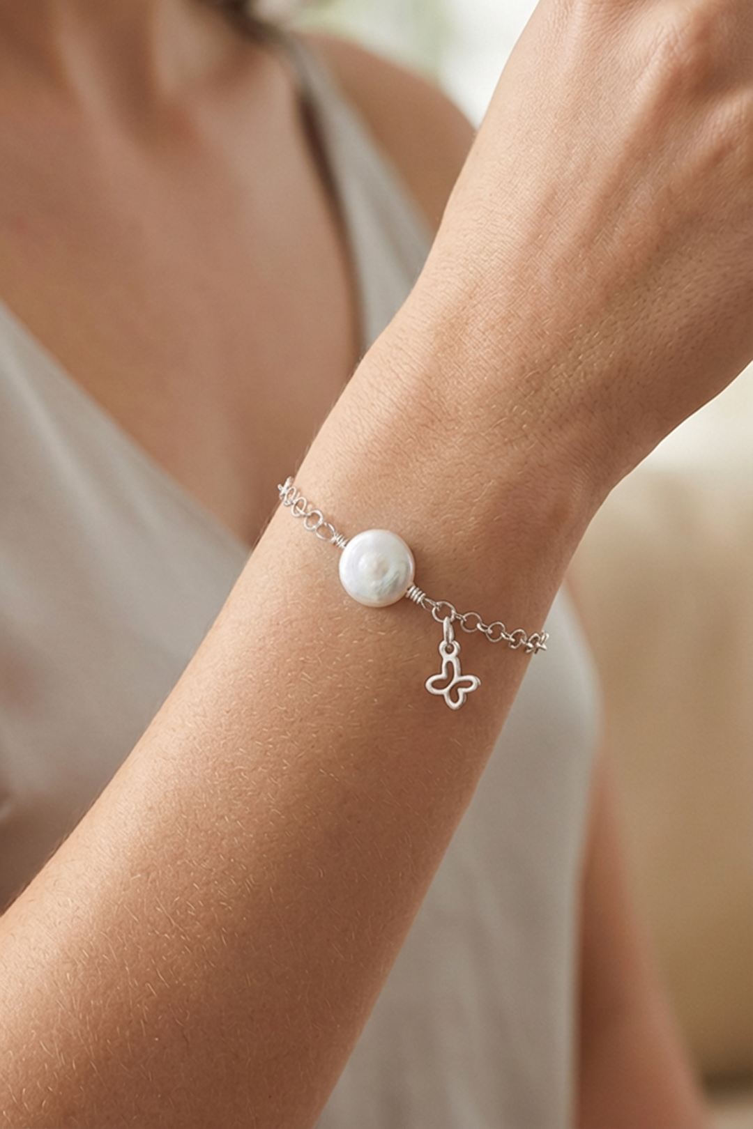 Pulsera Plata 925 Mini Mariposa Mariposa con Perla Coin Blanca