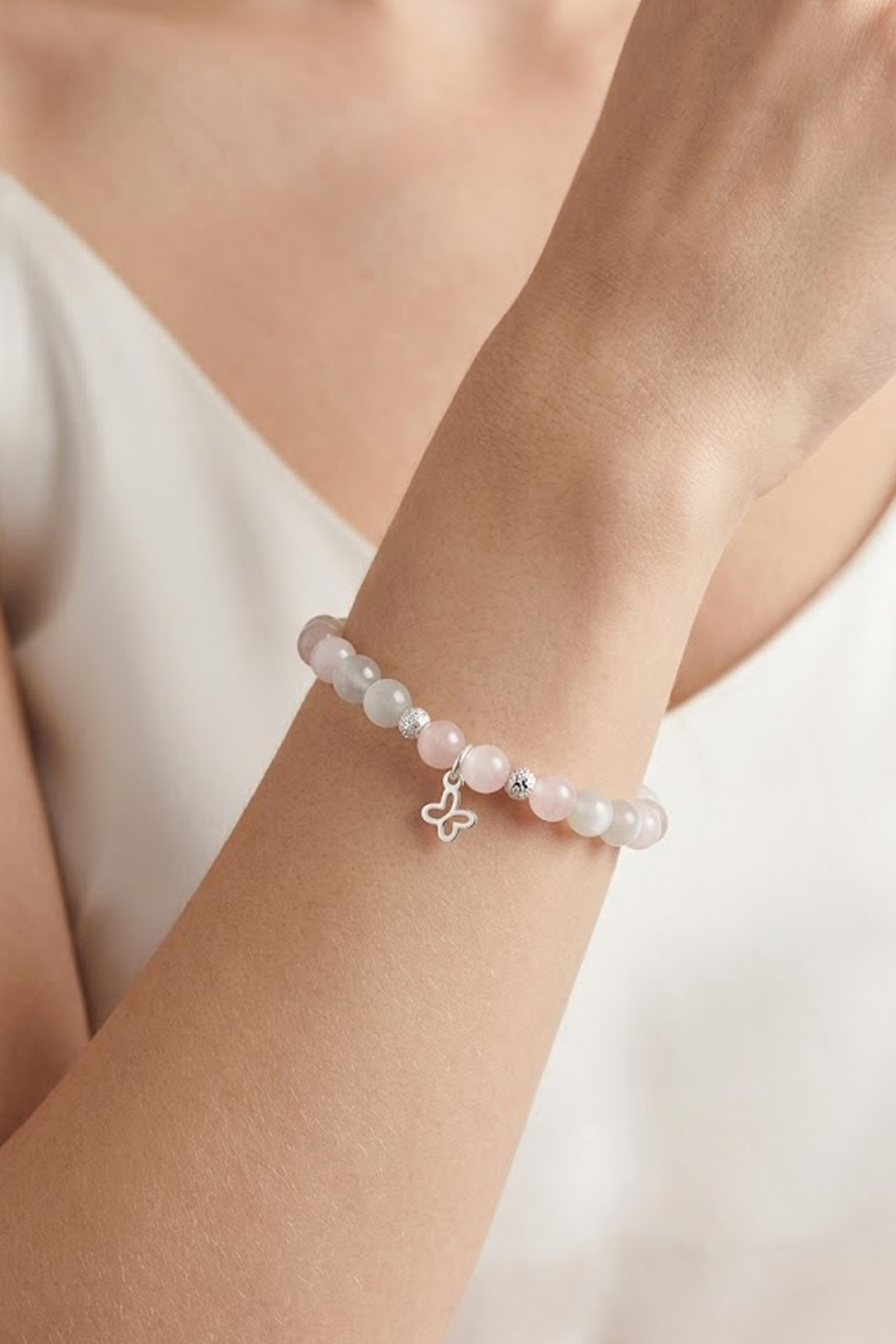 Pulsera Plata 925 Esenciales 2026 Cuarzo Rosa con Mariposa Mini