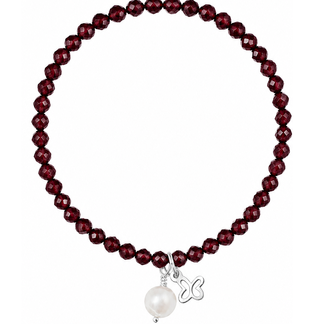 Pulsera Plata Esenciales 2026 Granate con Mariposa y Perla