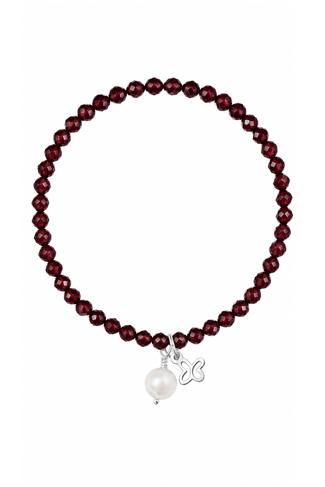 Pulsera Plata Esenciales 2026 Granate con Mariposa y Perla