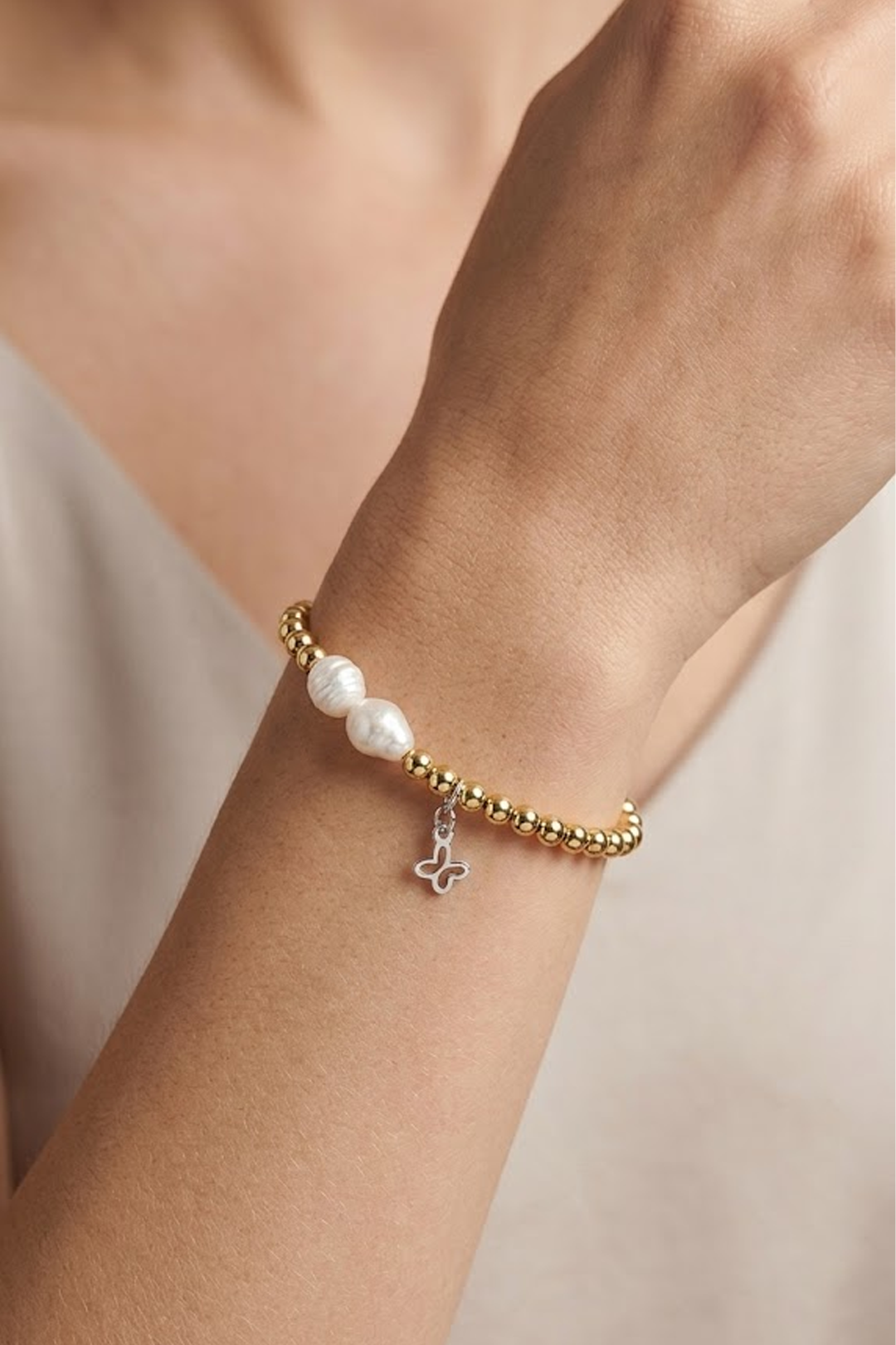 Pulsera Plata 925 Petit 2 Perlas Blancas Cuentas Doradas