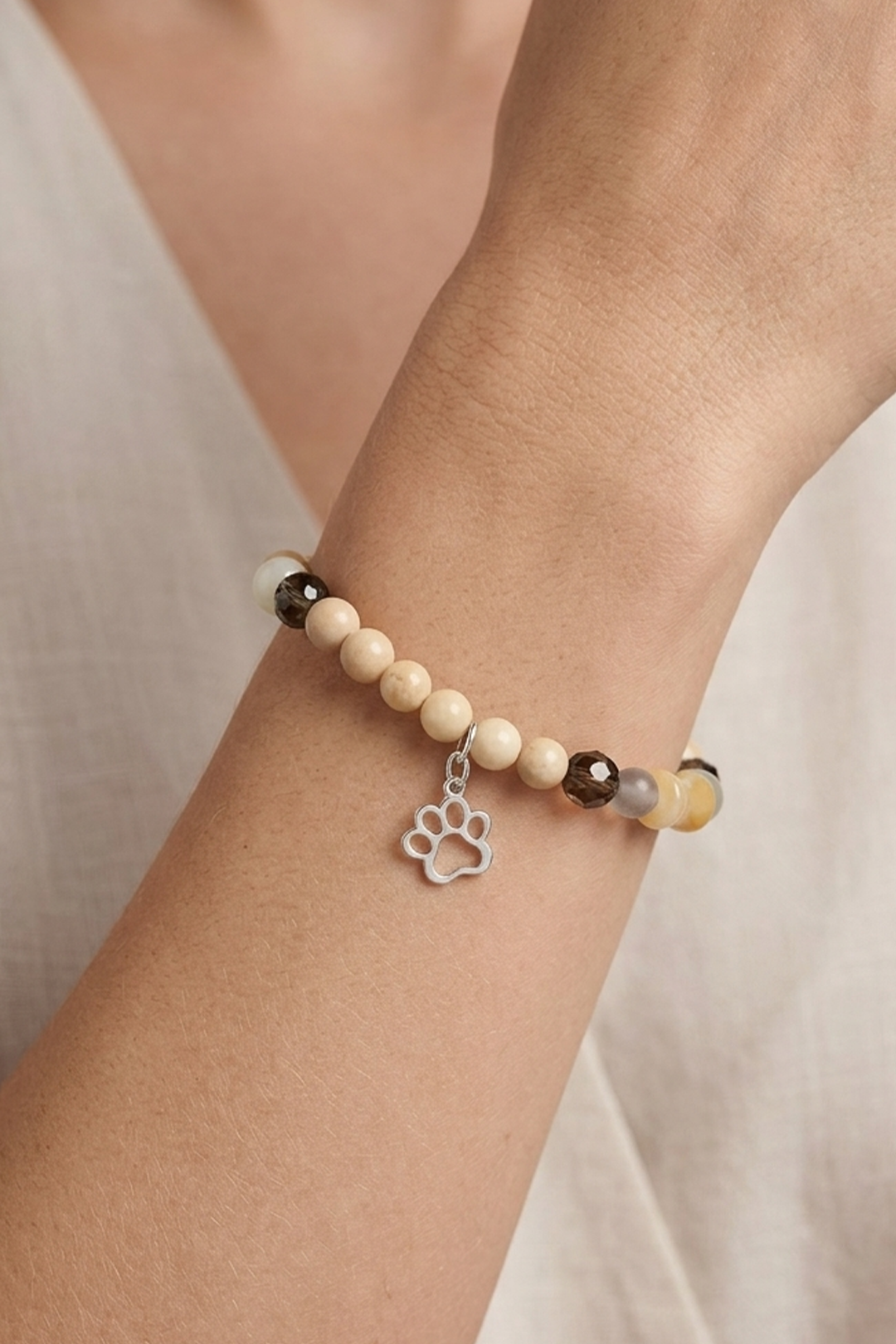 Pulsera Plata 925 Petit Cuentas Beige Con Charm Huella