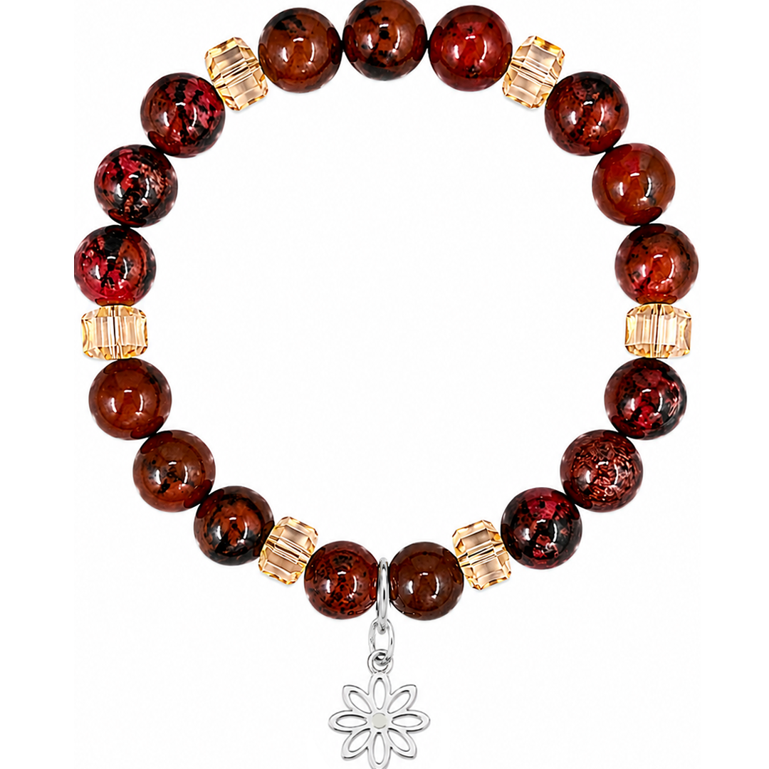 Pulsera Plata 925 Petit Cuentas Jaspe Rojo Y Charm Flor