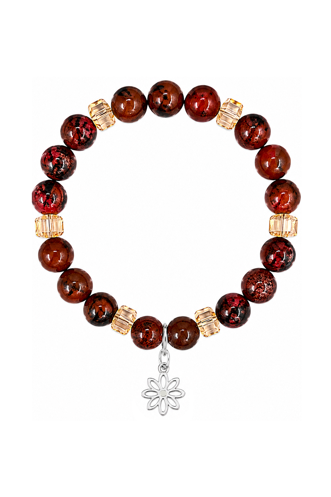 Pulsera Plata 925 Petit Cuentas Jaspe Rojo Y Charm Flor