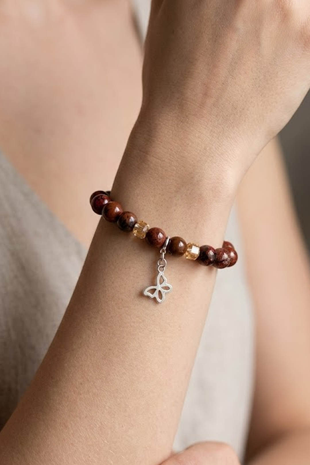 Pulsera Plata 925 Petit Cuentas Jaspe Rojo Charm Mariposa