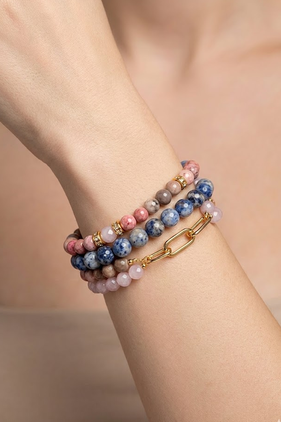 Set Aura 4 Pulseras Sodalita Y Cristal