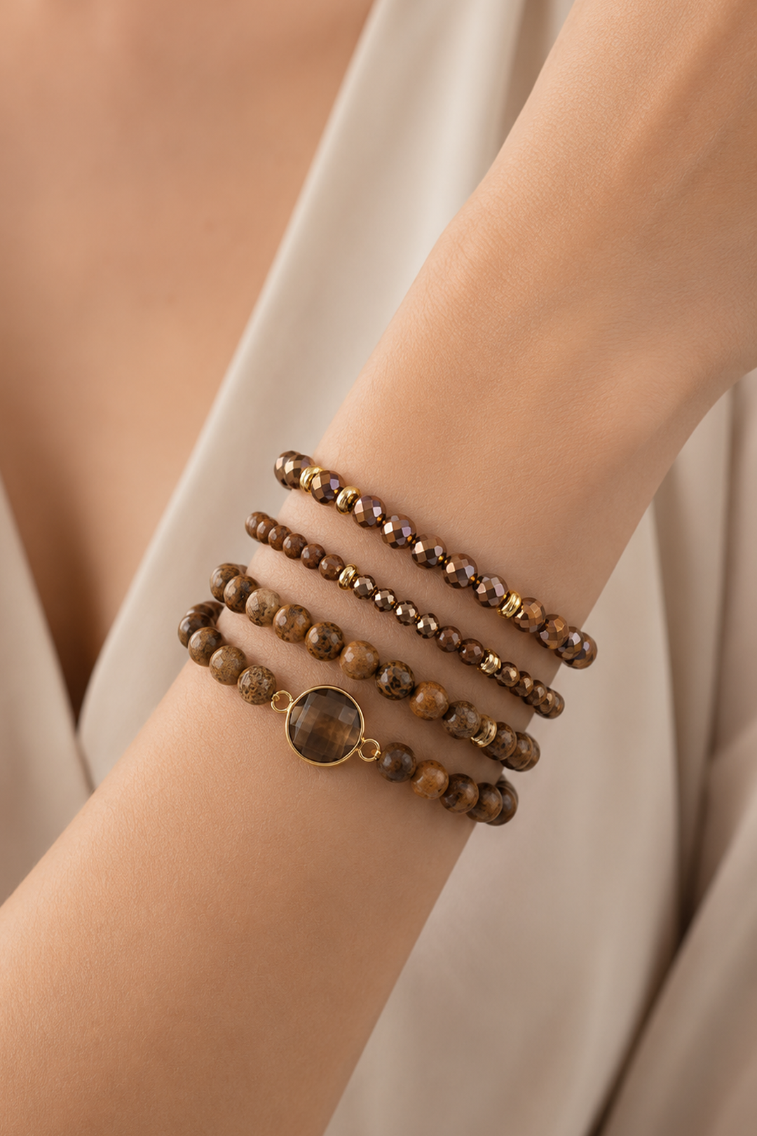 Set Aura 4 Pulseras Cuarzo Jaspe Y Cristal