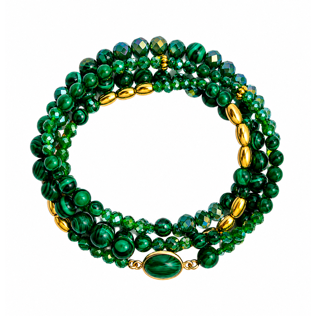 Set Aura 4 Pulseras Malaquita Y Cristal