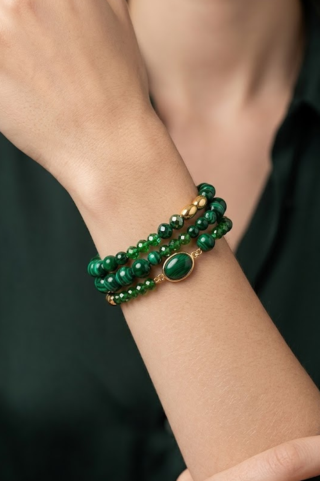 Set Aura 4 Pulseras Malaquita Y Cristal