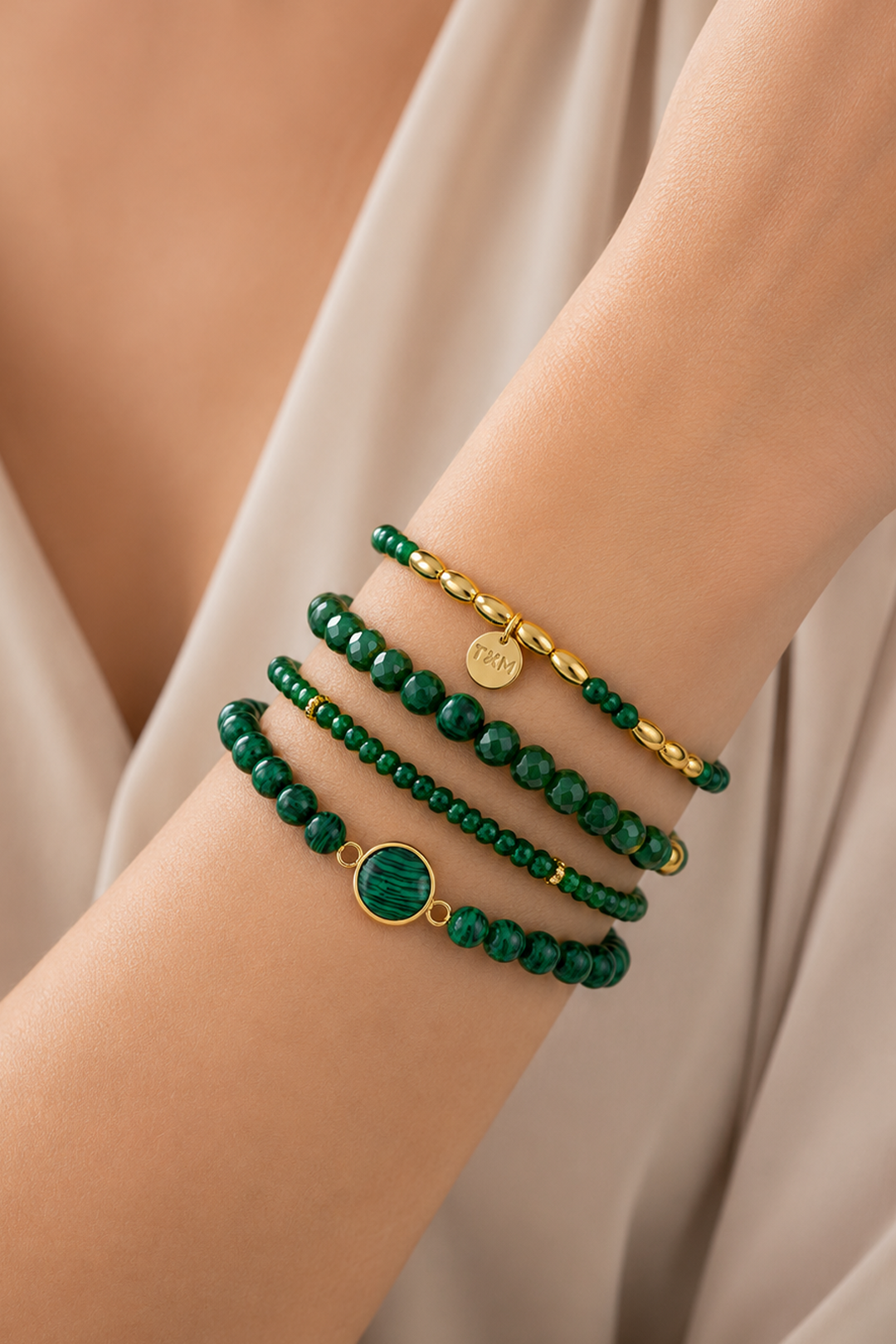 Set Aura 4 Pulseras Malaquita Y Cristal
