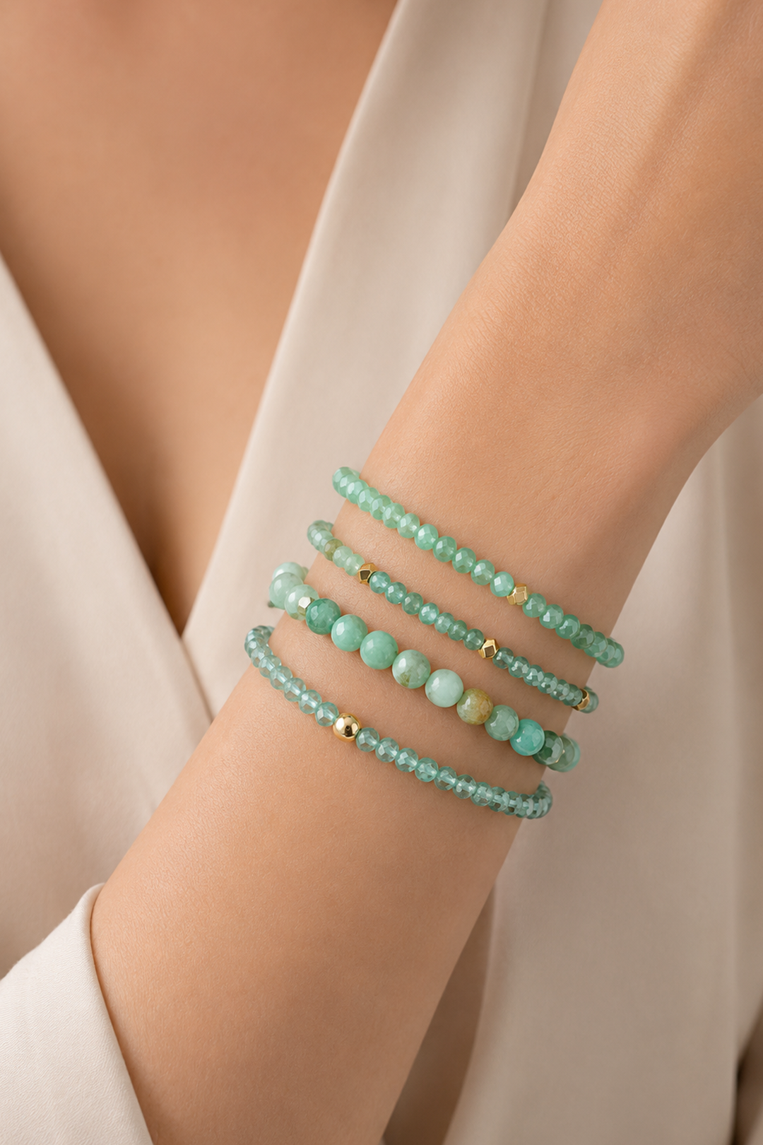 Set Aura 4 Pulseras Amazonita Y Cristal