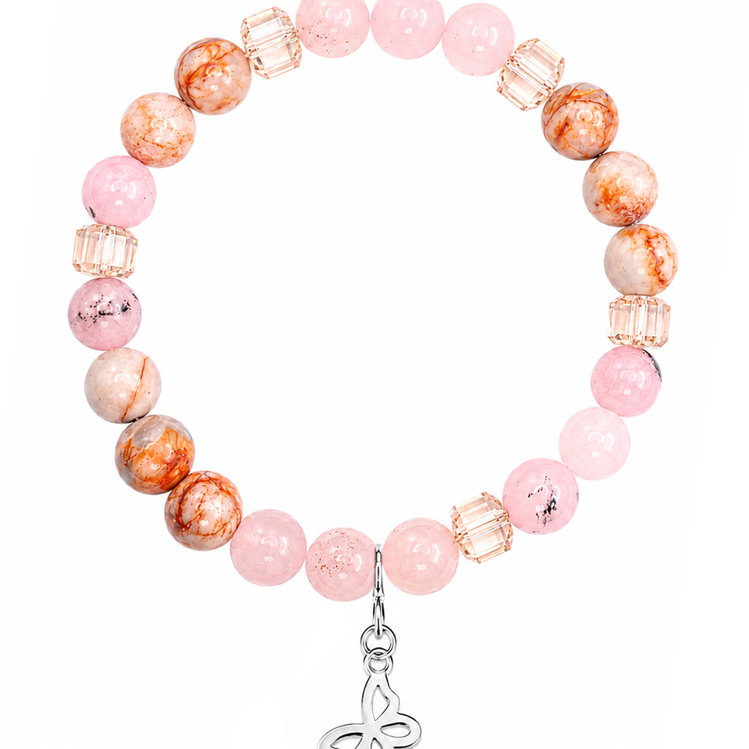 Pulsera Plata 925 Petit Cuentas Cuarzo Rosa Charm Mariposa