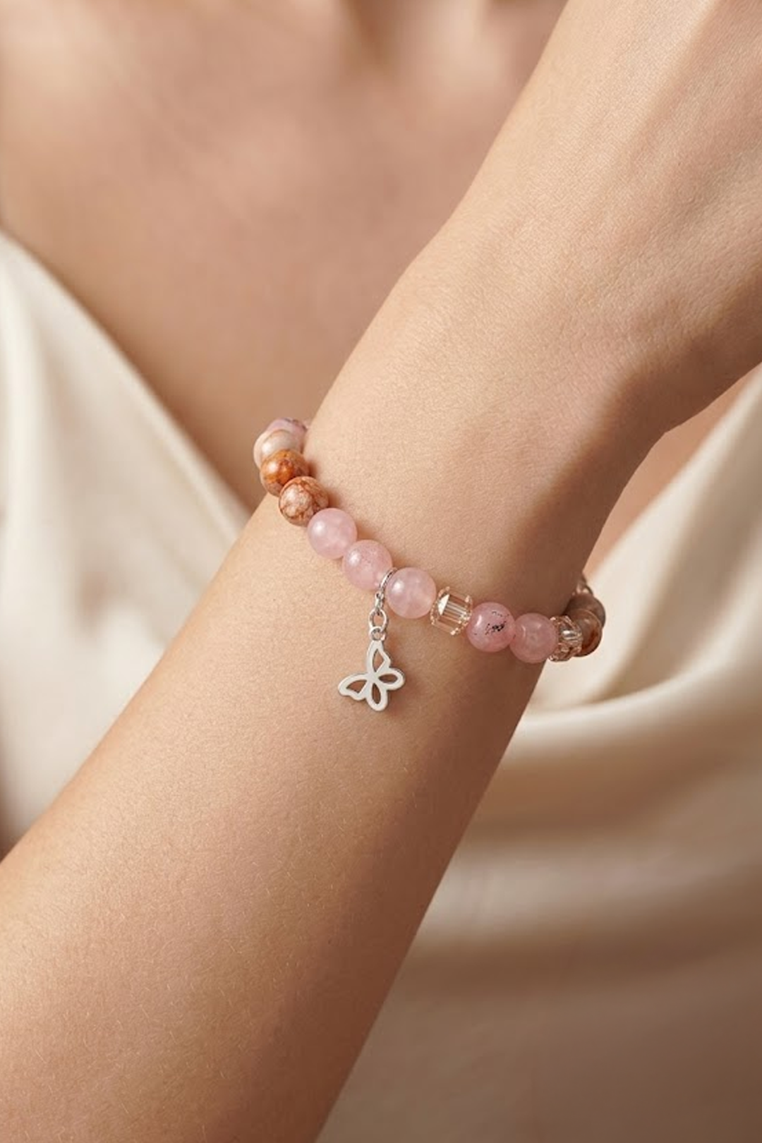 Pulsera Plata 925 Petit Cuentas Cuarzo Rosa Charm Mariposa