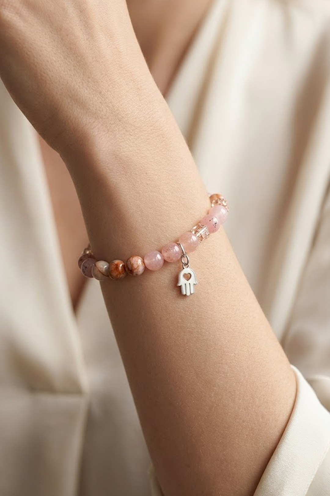 Pulsera Plata 925 Petit Cuentas Cuarzo Rosa Charm Mano