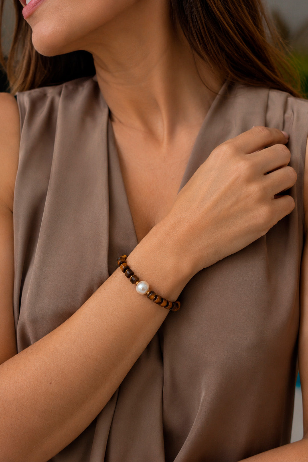 Pulsera Ojo De Tigre Pirita Y Perla