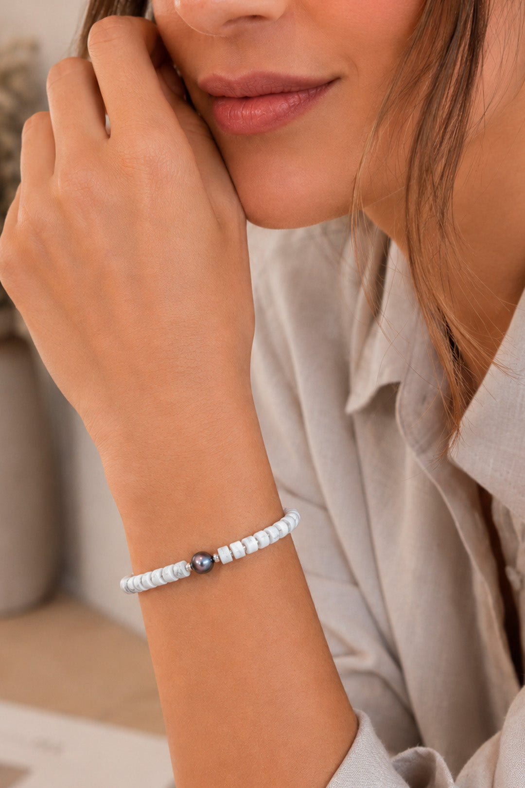 Pulsera Howlita Pirita Y Perla
