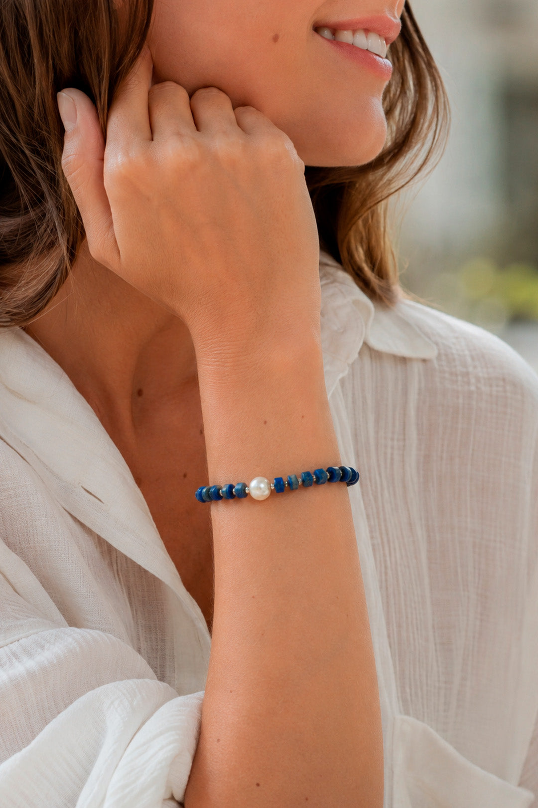 Pulsera Lapizlazuli Pirita Y Perla