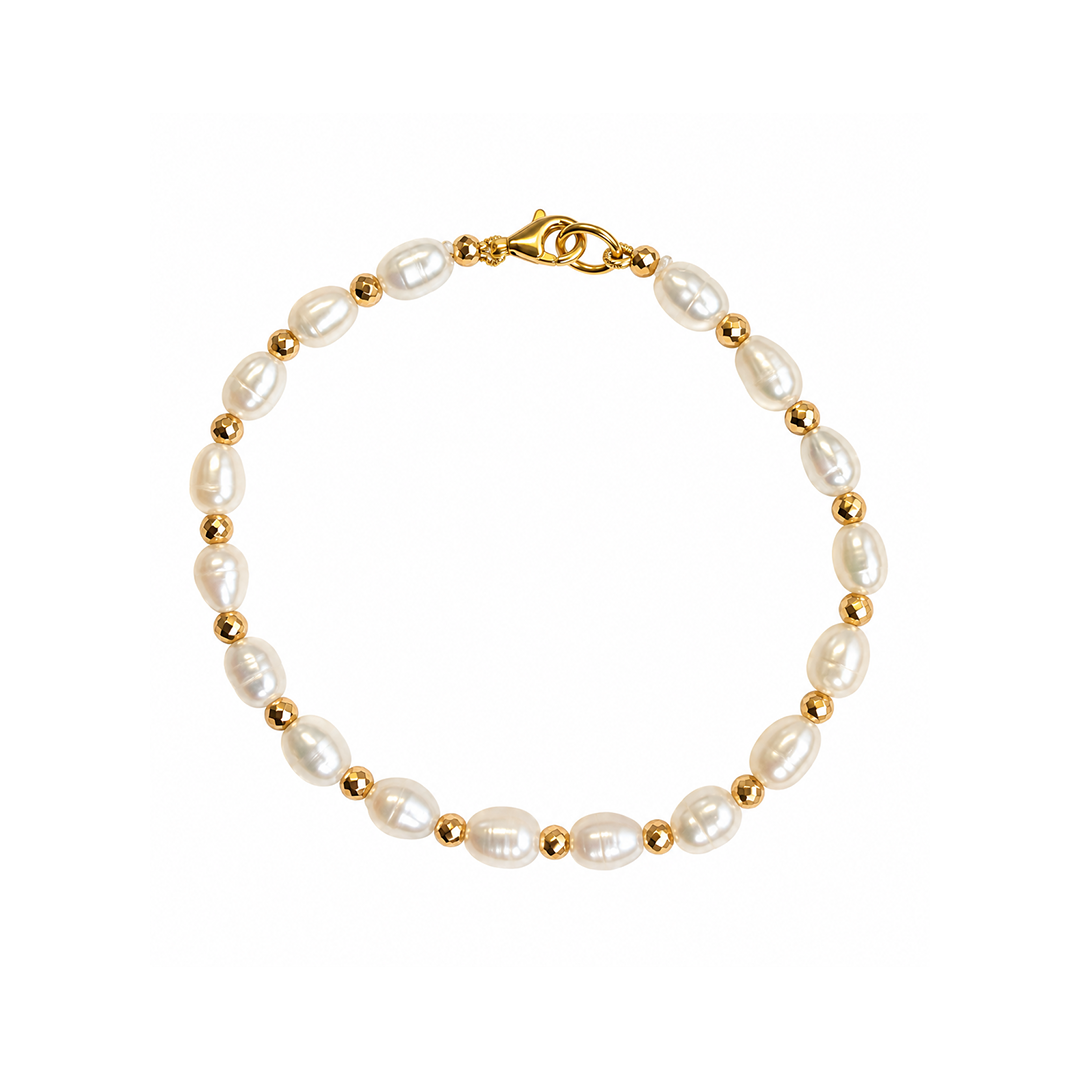 Pulsera Perla Oval Blanca y Pirita Dorada