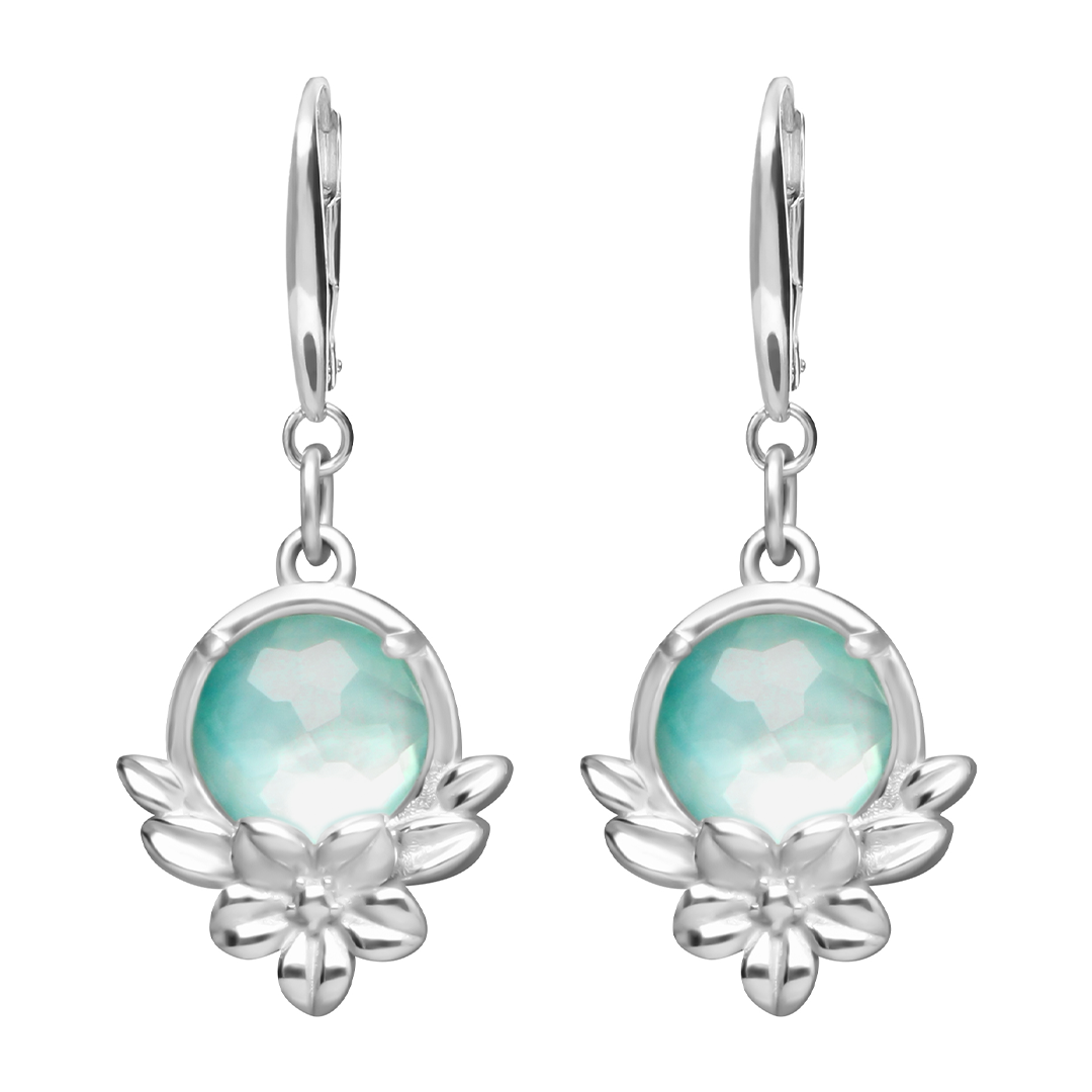 Aretes Plata 925 Mensaje Amor Flor Hojas Madreperla Verde - Tanya Moss