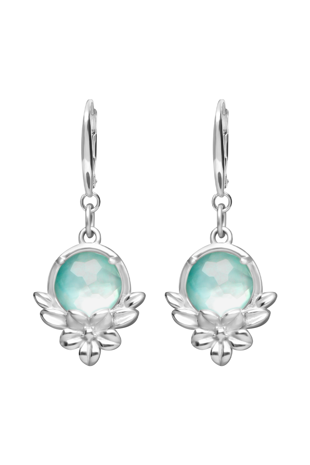 Aretes Plata 925 Mensaje Amor Flor Hojas Madreperla Verde - Tanya Moss