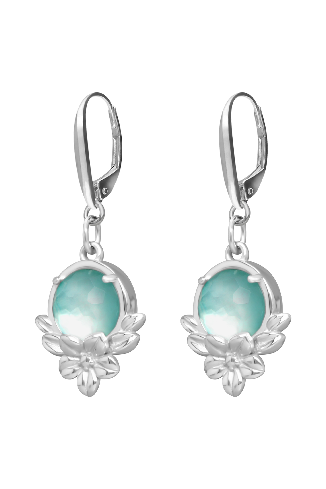 Aretes Plata 925 Mensaje Amor Flor Hojas Madreperla Verde - Tanya Moss